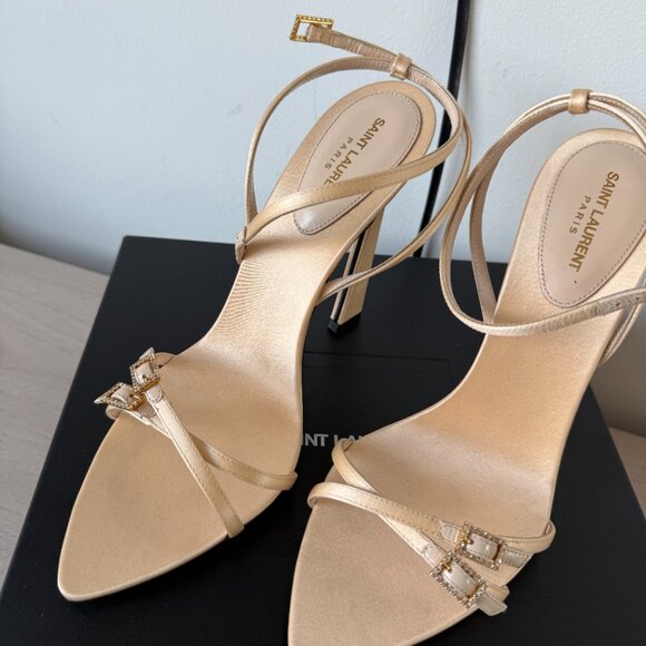 NWB Saint Laurent Lila Sandals Beige Satin Ankle Strap High Heels Sz 39 - Picture 10 of 15